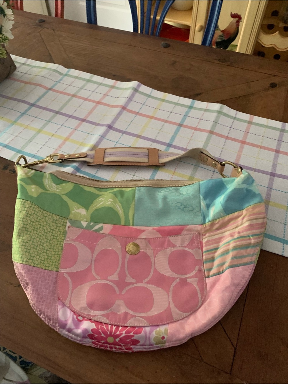 Coach Patchwork Multicolor Shoulder Bag with Pink Front Pocket